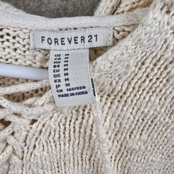 Forever 21 Womens Beige Knit Pullover Hoodie Medium Open-Weave Crochet Sleeves - Picture 5 of 7